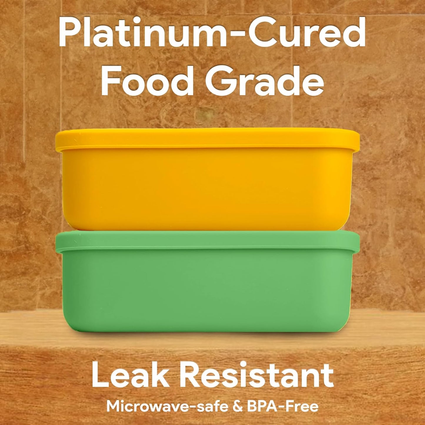 Platinum Silicone Bento Lunch Box Set of 2 – 3 Compartments, Leakproof, Versatile, Durable, Microwave & Freezer Safe, Meal Prep, Food Storage for All Ages (Watermelon Green & Gold Honey)