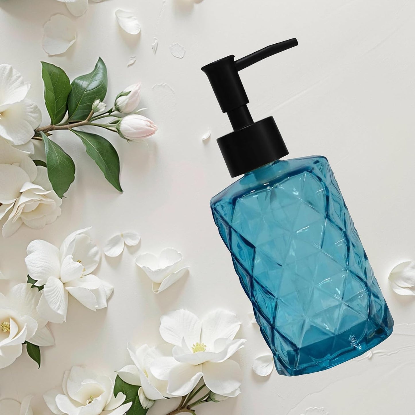 12Oz Small Glass Soap Dispenser with Black Plastic Pump, Blue Refillable Kitchen Countertop Liquid Hand Soap Dispensers with Diamond Design, Crystal Bathroom Lotion Bottle for Dispense Dish Soap