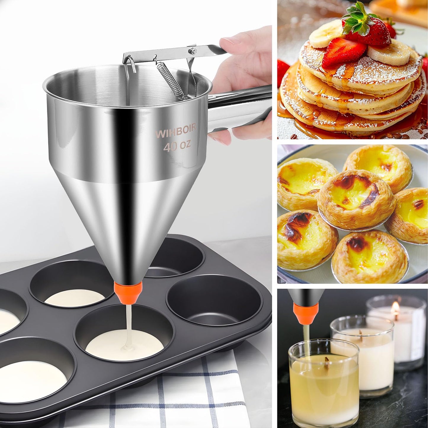 Stainless Steel Pancake Batter Dispenser with Squeeze Handle and Multi-Nozzle, for Pancakes, Cupcakes, and Baked Goods. 40 oz