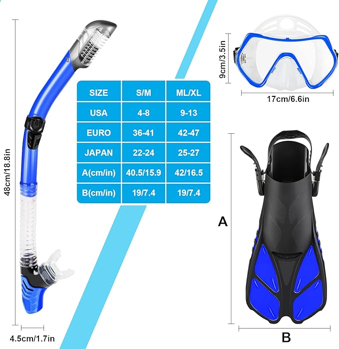 ZEEPORTE Mask Fin Snorkel Set, Travel Size Snorkeling Gear for Adults with Panoramic View Anti-Fog Mask, Trek Fins, Dry Top Snorkel and Gear Bag for Swimming Training, Snorkeling Kit Diving Packages