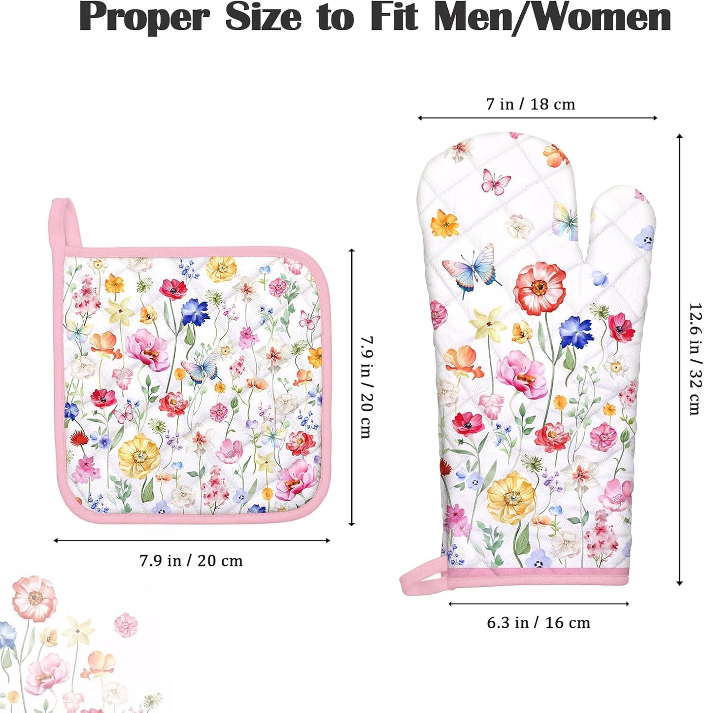 Wildflower Oven Mitts and Pot Holders Sets 2Pcs, 100% Cotton Heat Resistant, Extra Long Oven Gloves Potholder for Kitchen Cooking Baking Decoration