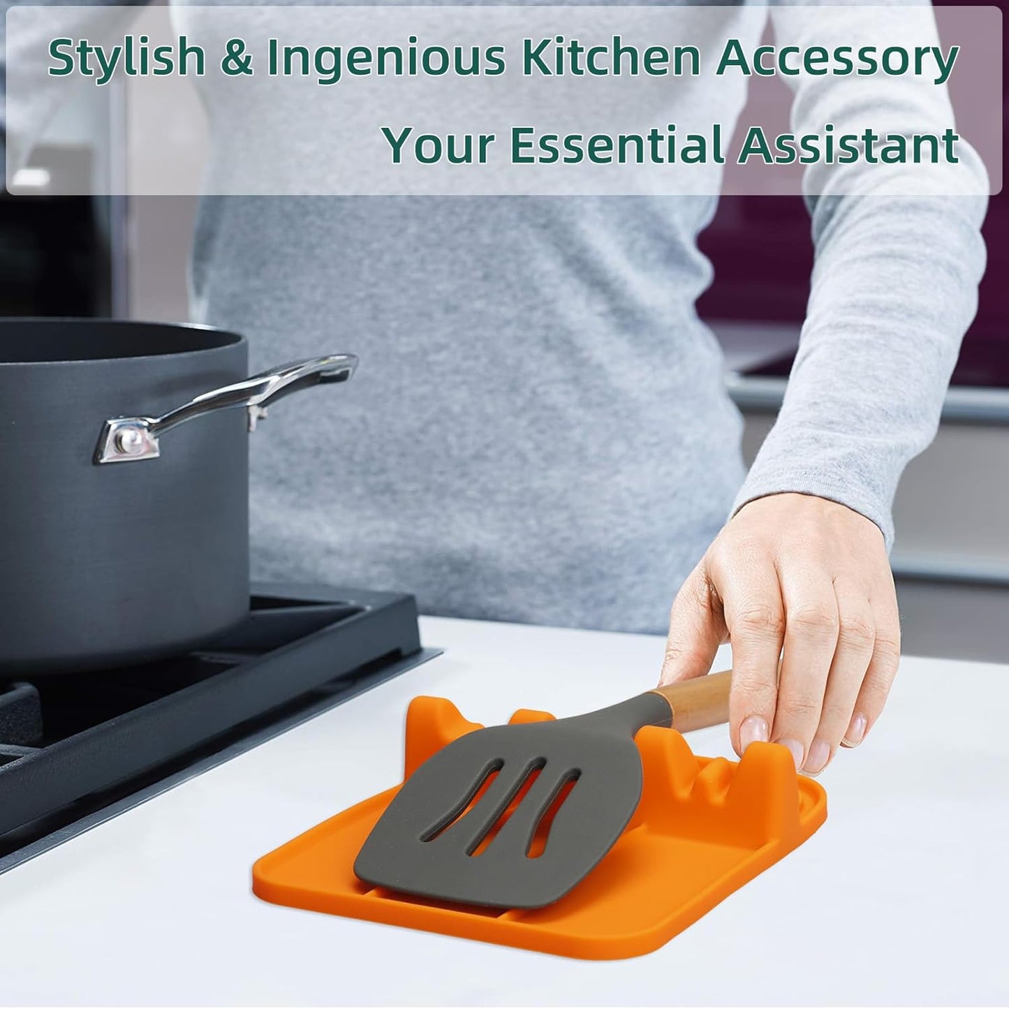 Spoon Rest, Silicone Spoon Holder for Stove Top with Drip Pad Suitable for Multiple Kitchen Gadgets, 3-Groove Upgraded Utensil Rest for Kitchen Counter, Heat-Resistant Dishwasher Safe, Orange