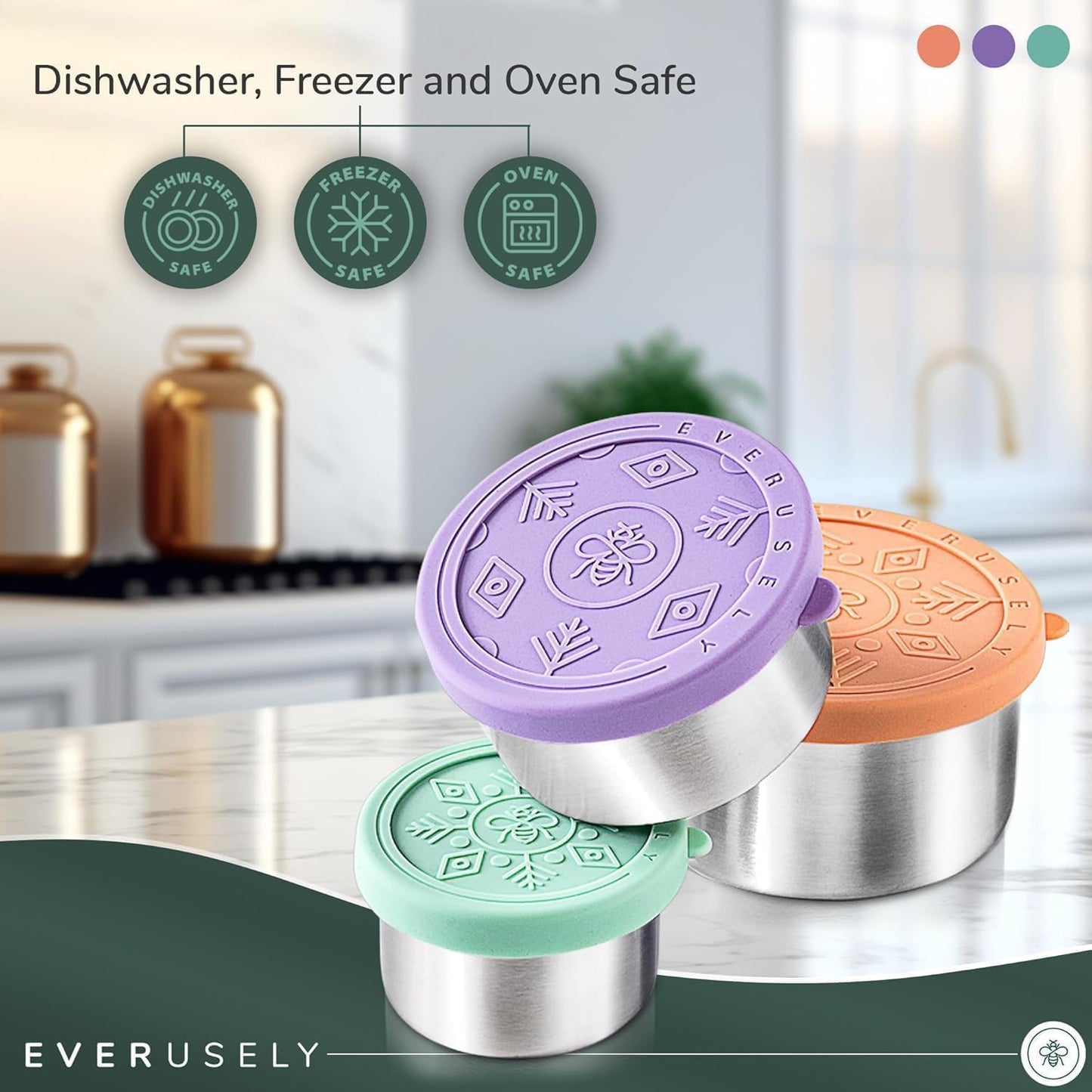 Everusely - Stainless Steel Food Containers - 3 Pack, Bright - Lunch Box - Snack Containers for Office, Home Food Storage - Leakproof with Silicone Lids - Dishwasher & Freezer Safe