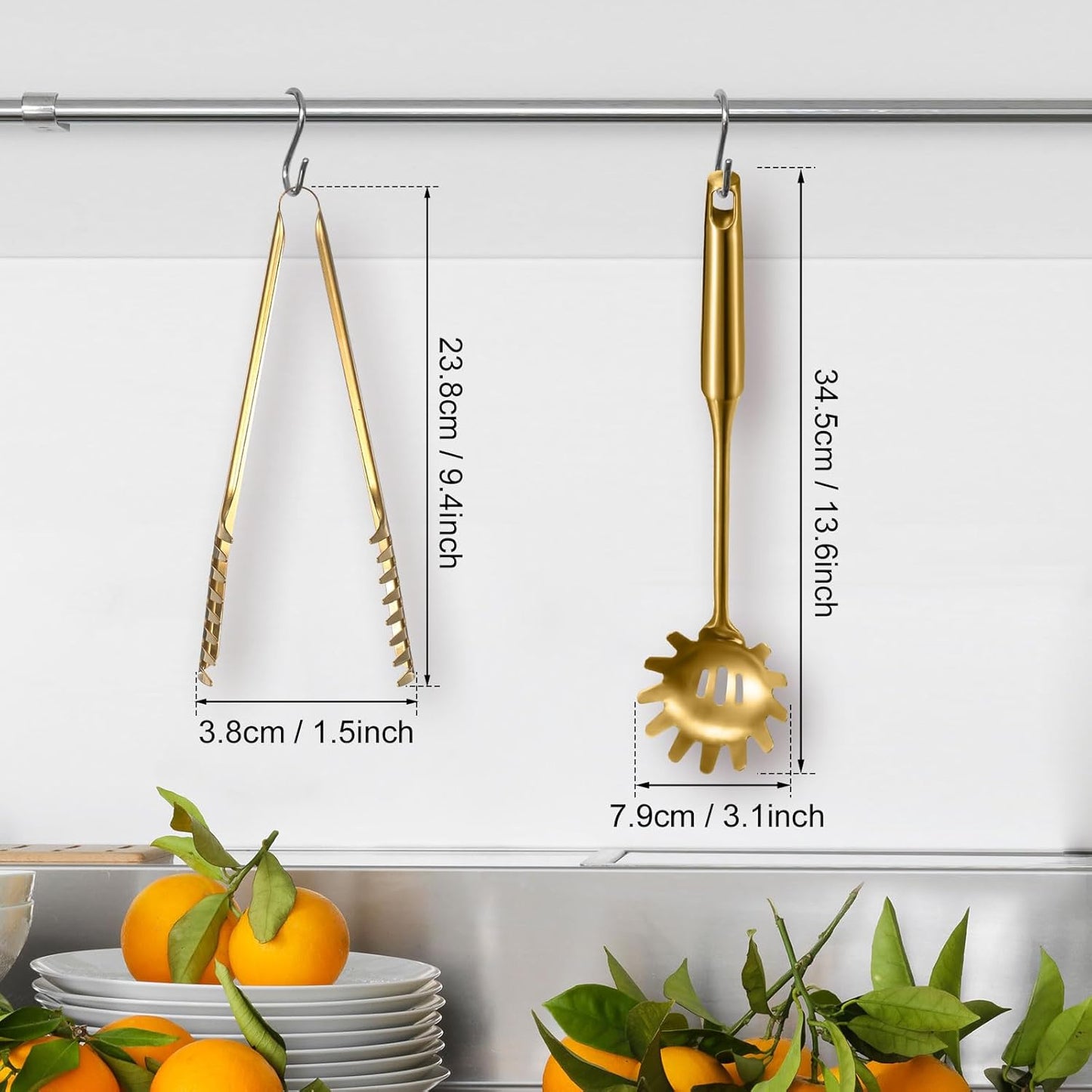 Patelai 2 Pcs Stainless Steel Pasta Spoon with Teeth Large Spaghetti Utensil, 9.4'' Tong and 13.6'' Pasta Fork with Vacuum Handle, Comfortable Grip Design Spoons for Kitchen