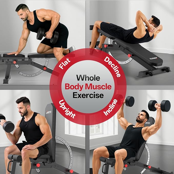 JOROTO MD65 Adjustable Weight Bench, 1700LB Heavy Duty Workout Bench for Home Gym, Flat Incline Decline Sit Up Utility Bench Press with 9 Backrest & 3 Seat Positions, Removable Leg Support & Wheels