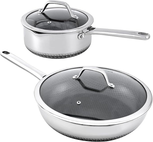 Hybrid Nonstick Cookware Set,Stainless Steel 12 Inch Frying Pan & 2QT Saucepan with Steamer Basket,3 PCS Silicone Kitchen Utensils Set