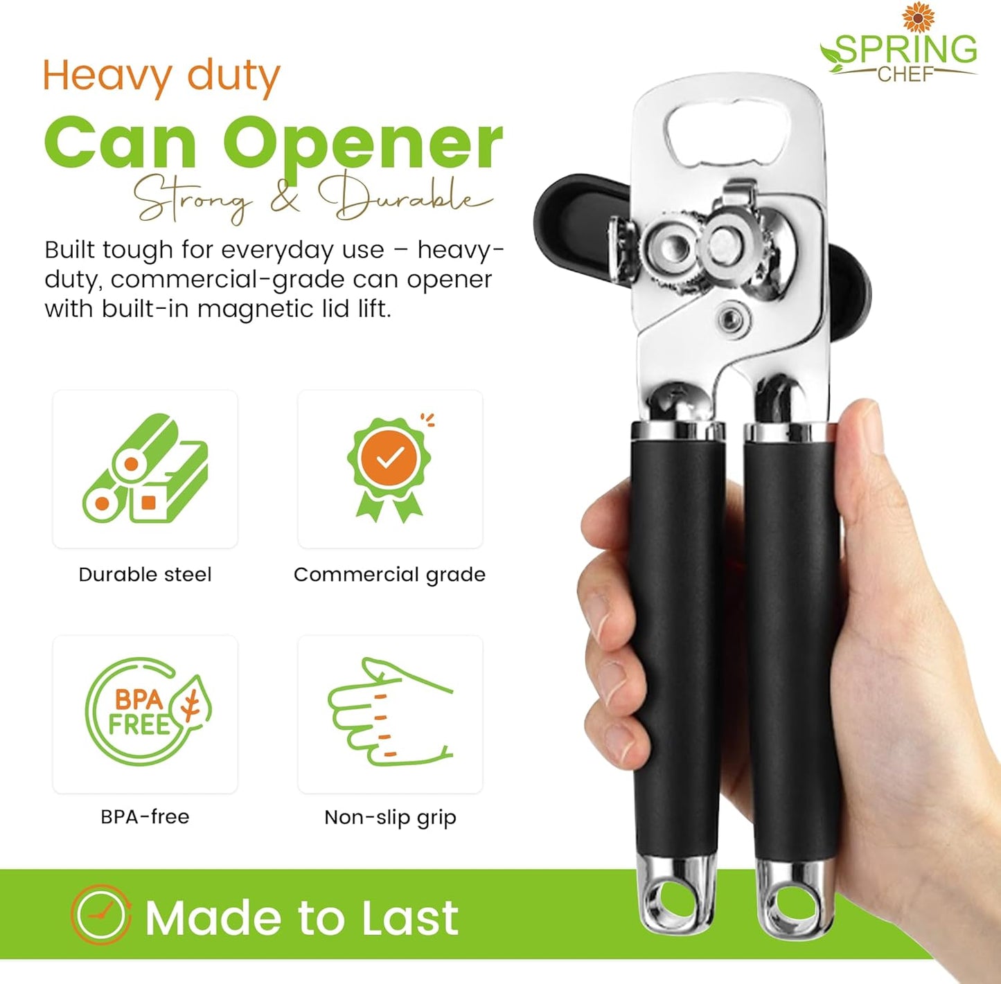 Spring Chef Stainless Steel Can Opener - Manual with Soft Grip Handles, Easy Turn, Heavy Duty Hand Can Openers for Seniors with Smooth Edge - Magnetic Lid Remover - Black