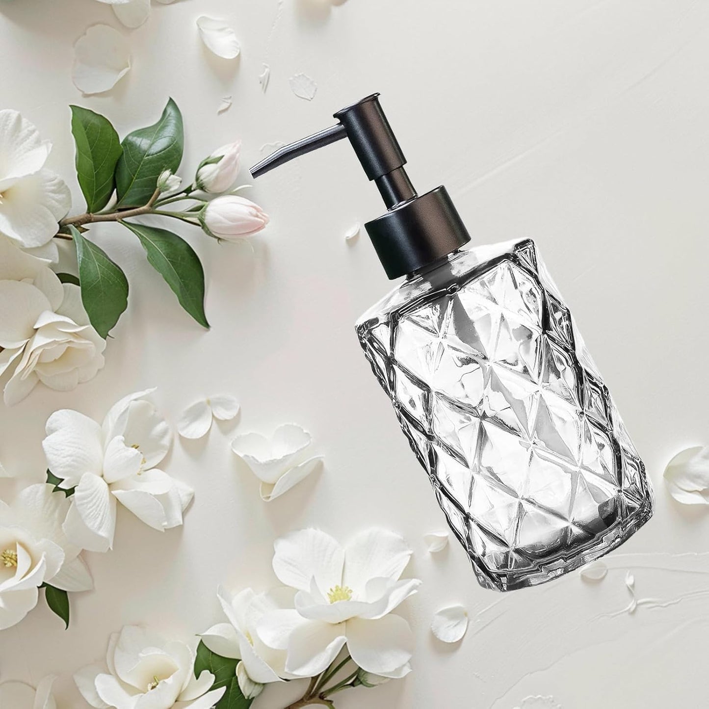 12Oz Small Glass Soap Dispenser with Black Plastic Pump, Clear Refillable Kitchen Countertop Liquid Hand Soap Dispensers with Diamond Design, Crystal Bathroom Lotion Bottle for Dispense Dish Soap