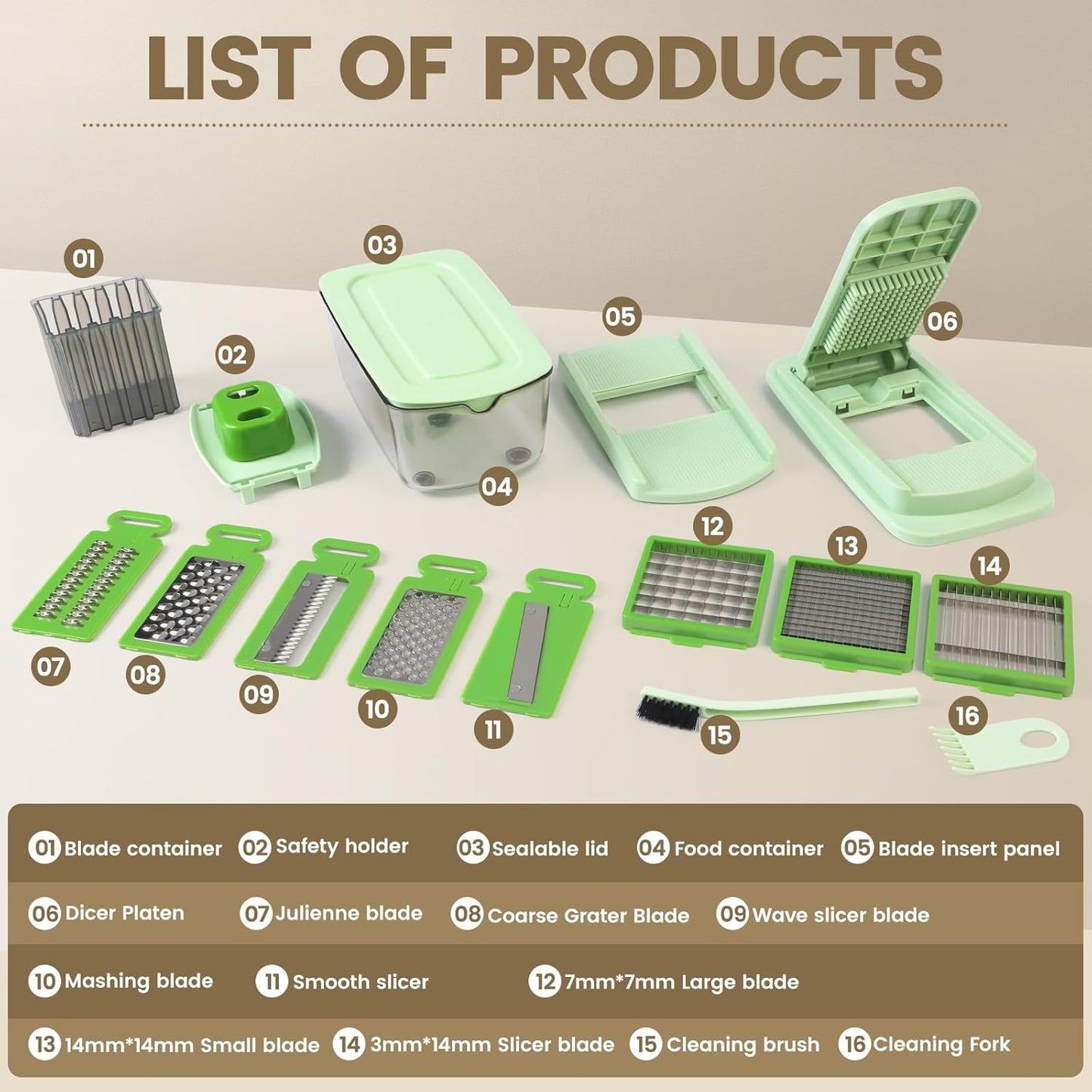 Vegetable Chopper with 8 Blades - Onion Chopper 16-in-1 with Container, Kitchen Vegetable Spiralizer Kitchen Gadgets - Home Essentials - Accessories