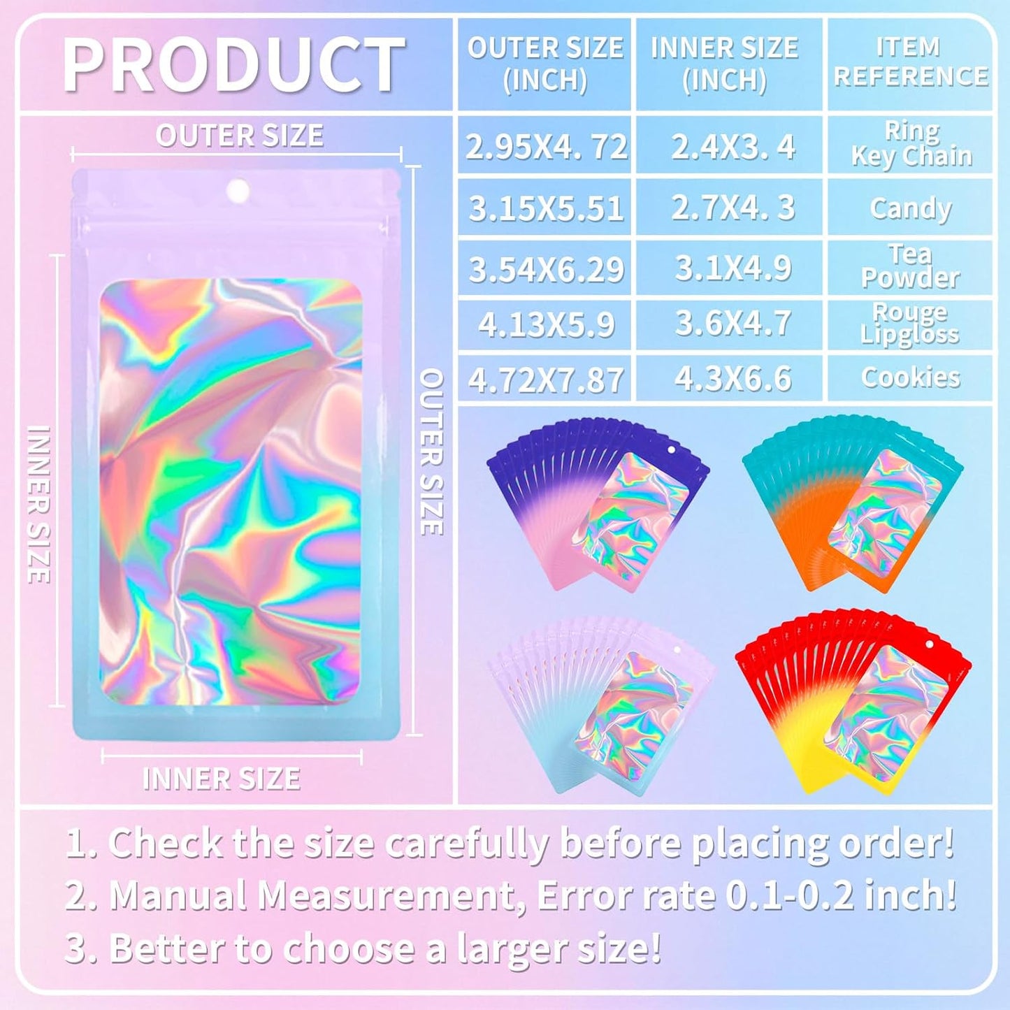 200 Pack Resealable Mylar Holographic Bags Food Storage Smell Proof Bags with Front Window Foil Packaging Pouch for Candy Sample Jewelry Small Business 4.13×5.91 Inch, Pink Fade Blue