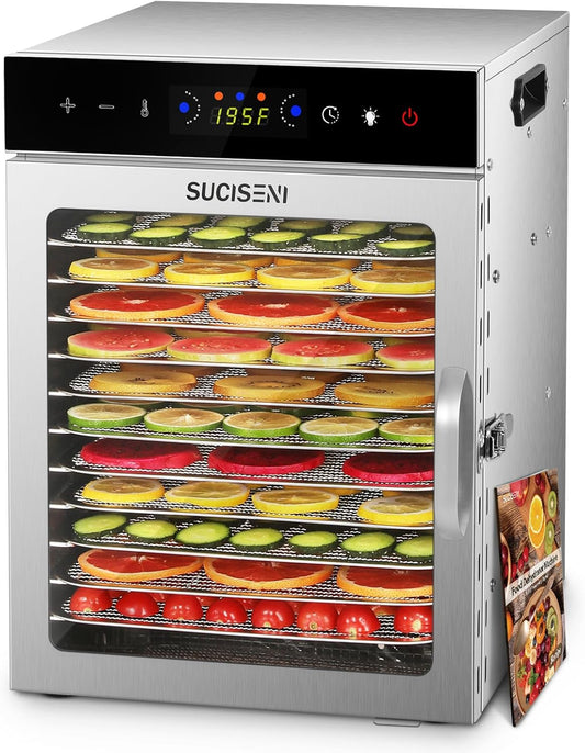 SUCICENI Food Dehydrator Machine 12 Stainless Steel Trays 1000W Meat Dehydrator for Home Use, 24H Timer & 195℉ Temperature Control Food Dryer for Jerky Fruit Herbs Mushroom Dog Treats