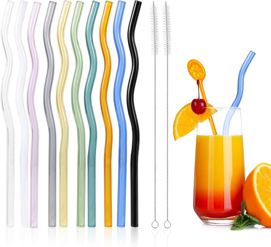 10 Pcs Reusable Wavy Colorful Glass Straws,9''x8 mm Shatter Resistant Cute Drinking Straws with 2 Cleaner Brush for Beverages,Coffee,Juice,Cocktail,Teas