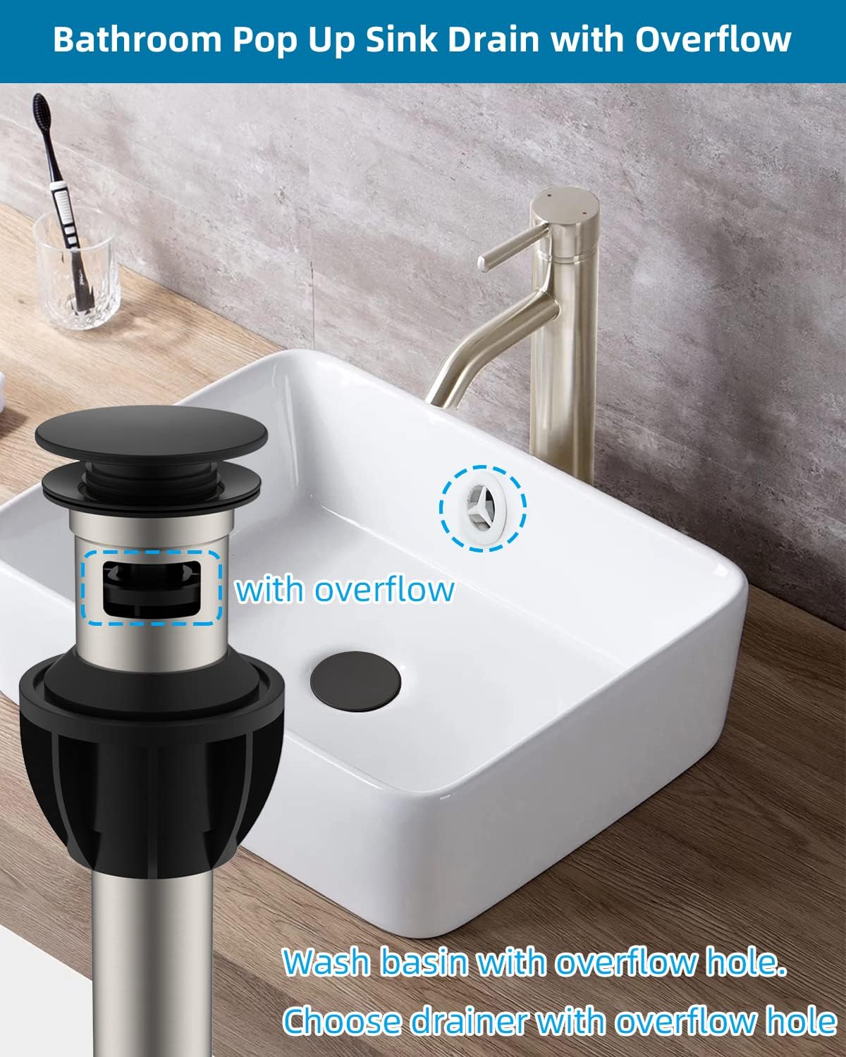 Hibbent 2 Pack Metal Bathroom Sink Drain with Overflow, Push and Seal Pop Up Drain Stopper, Stainless Steel Vessel Lavatory Vanity Sink Drain Stopper, Anti-Clogging Strainer, Matte Black