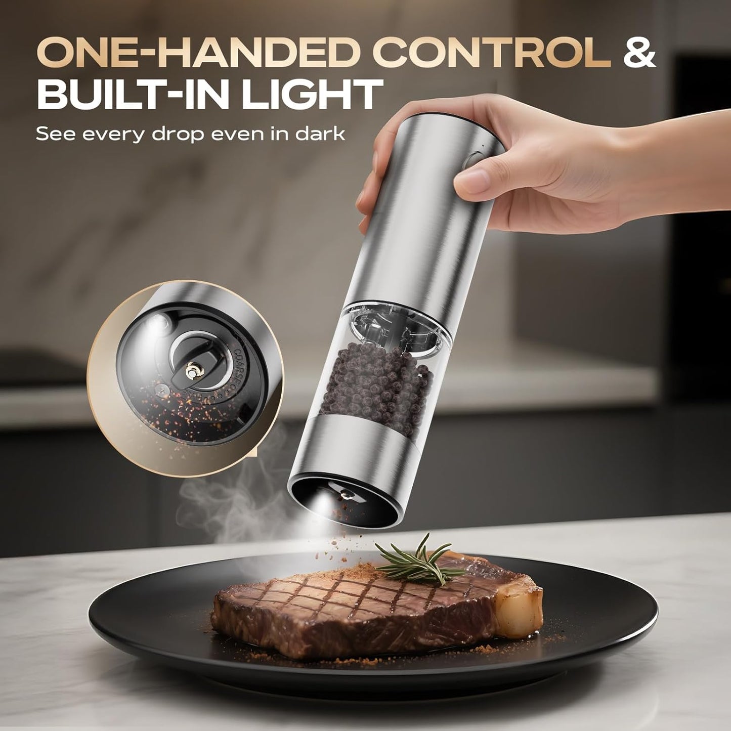 Electric Salt and Pepper Grinder Set, Rechargeable Automatic Salt Pepper Shakers Mills, Adjustable Coarseness Easy Filling with Base, for Kitchen Outdoors Gift- 2 Packs, Silver Stainless Steel