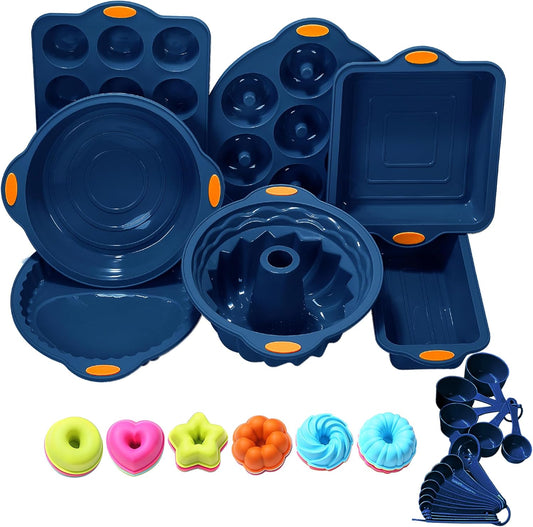 To encounter 31 Pieces Silicone Baking Pans Set, Nonstick Bakeware Sets, Non-Stick Silicone Molds, with Metal Reinforced Frame More Strength, Navy Blue
