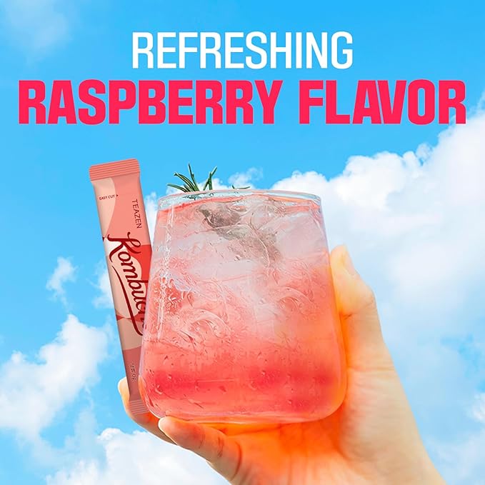 TEAZEN Raspberry Kombucha Tea, Hydration Drink Mix, Sugar Free, Live Probiotics & Prebiotics, 10 Sticks, 1.76oz