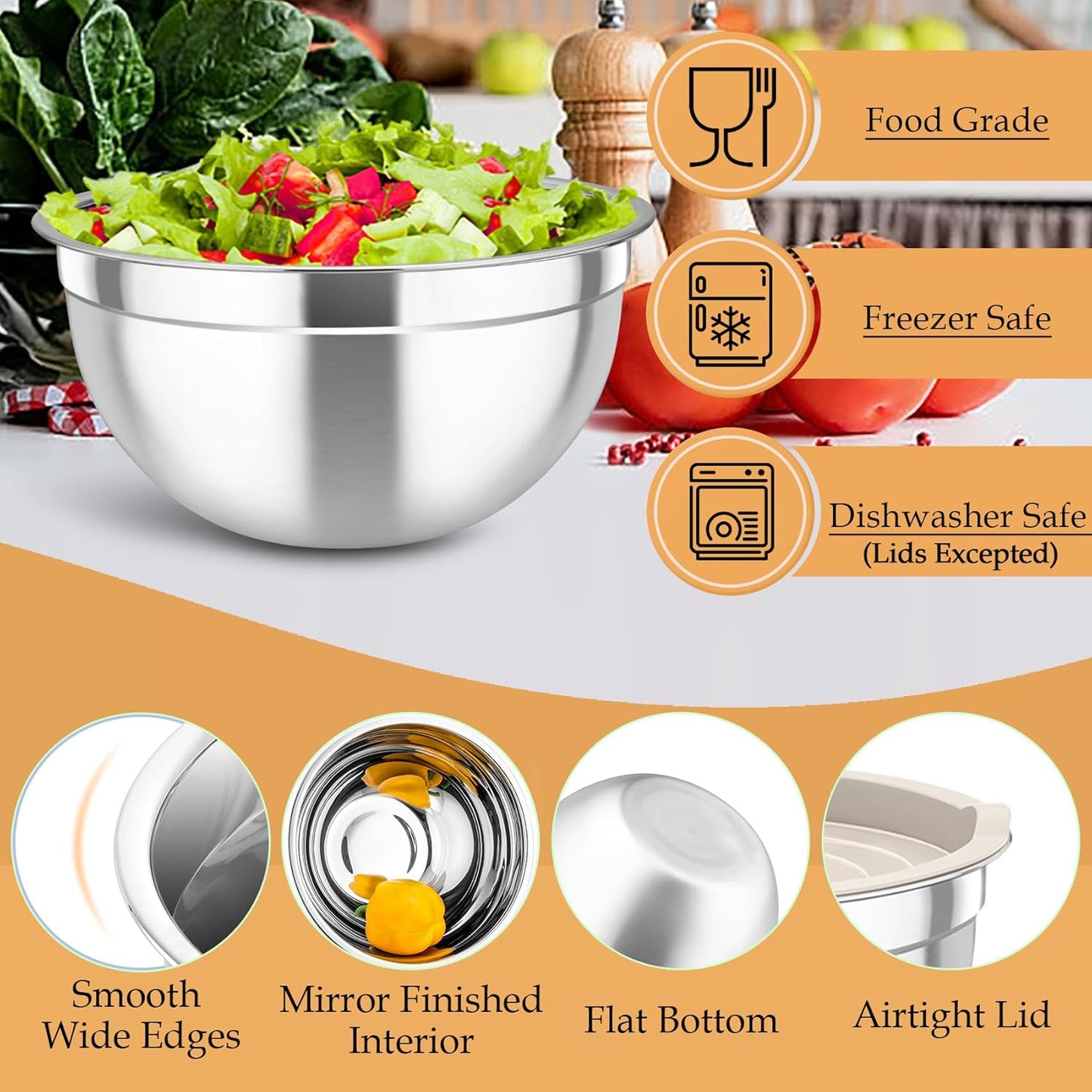 TeamFar Mixing Bowls, Stainless Steel Nesting Salad Bowls with Lids Set of 3 & 3 Grater Attachments, For Mixing/Serving/Storing, Non-toxic & Long-lasting, Size 4.6/3 / 1.5 QT, Khaki
