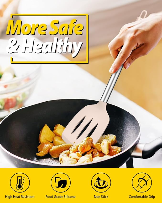 Pack of 4 Silicone Cooking Utensils Set, Non Stick Large Solid Spatulas, Heat Resistant Stainless Steel Khaki Slotted Spoons, Ideal BPA Free Kitchen Turners for Frying, Mixing,Serving,Draining,Turning