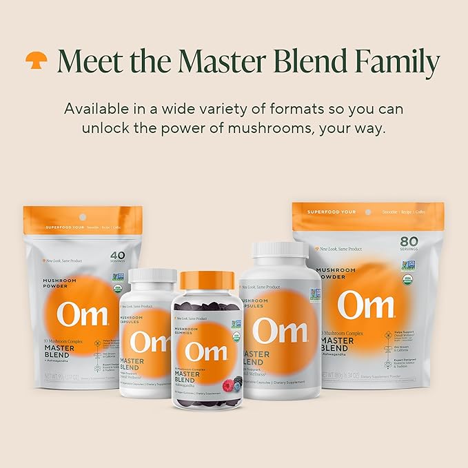 Om Master Blend Mushroom Powder – Organic Mushroom Supplement with 10 Mushrooms and Ashwagandha - Support Immunity, Gut Health & Stress Relief, 6.34 oz (80 Servings)