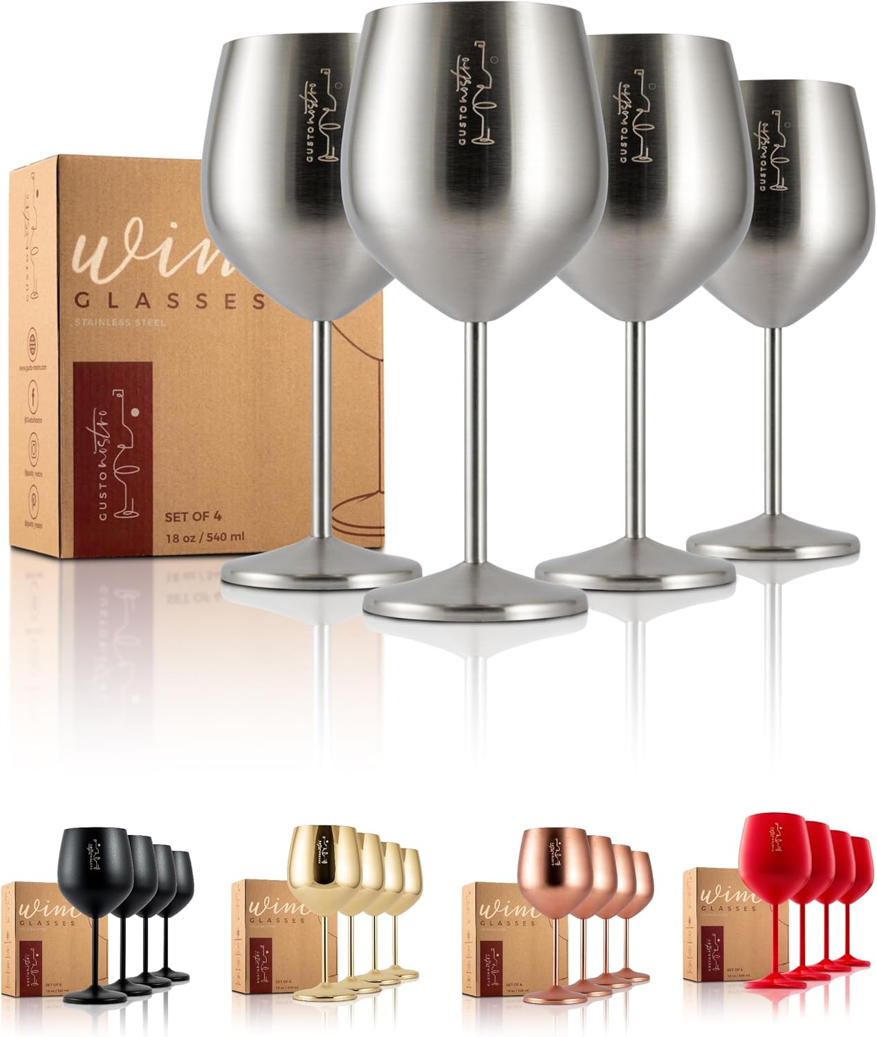 Gusto Nostro Stainless Steel Wine Glass - 18 oz - Cute, Unbreakable Wine Glasses for Travel, Camping and Pool - Fancy, Unique and Cool Portable Metal Wine Glass for Outdoor Events, Picnics (Set of 4)
