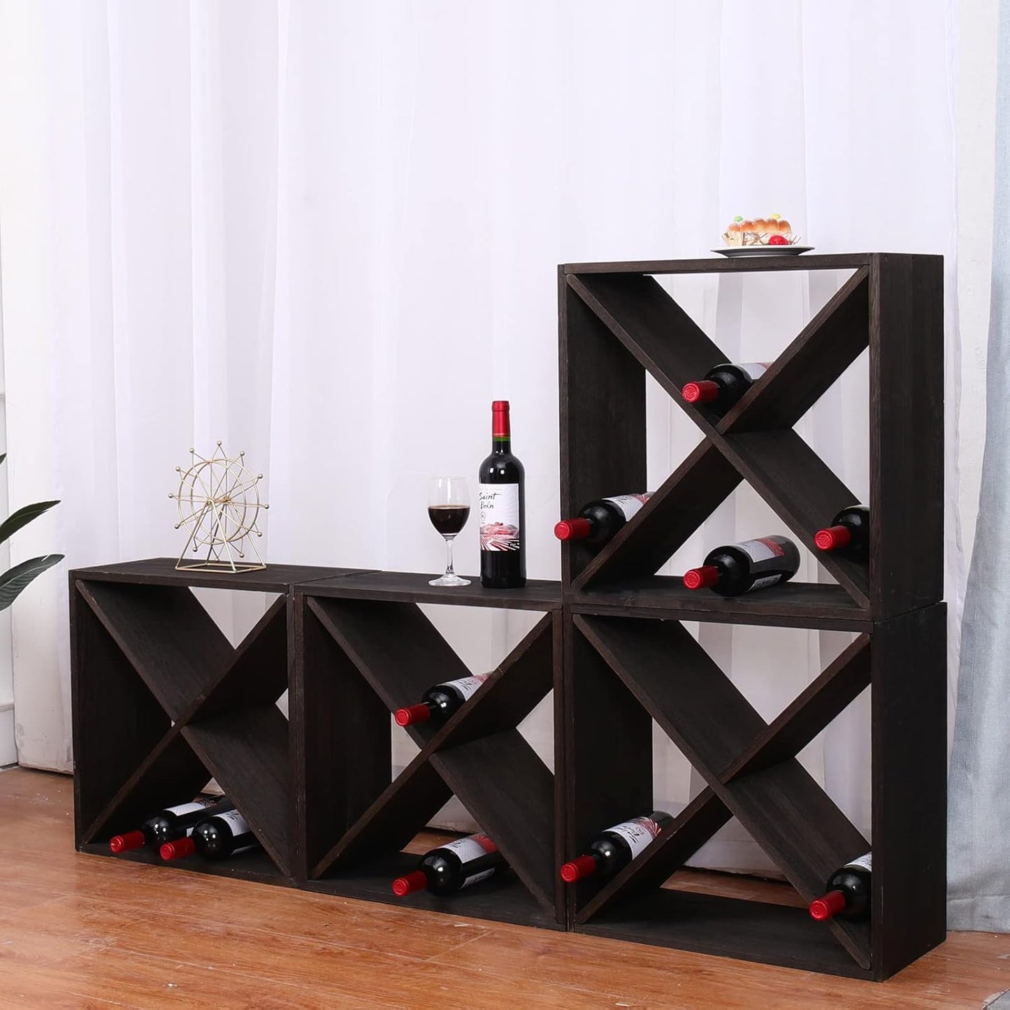 Wine Rack Cabinet countertop Wooden Stackable Storage Retro Cube freestanding Floor Wine Bottle Holder Stand(96BottleBlack)