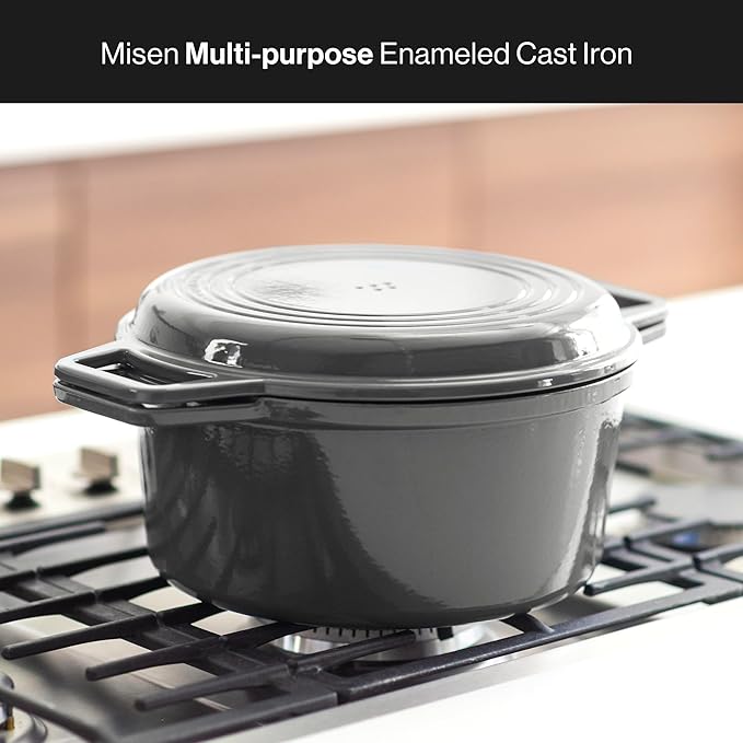 Misen 7 QT Enameled Cast Iron Dutch Oven - Chip-Resistant Enamel Coating - Thick Iron Core For Heat Retention - Large Cooking Surface - Oven Safe, Induction Compatible - Grill and Silicone Lid, Gray