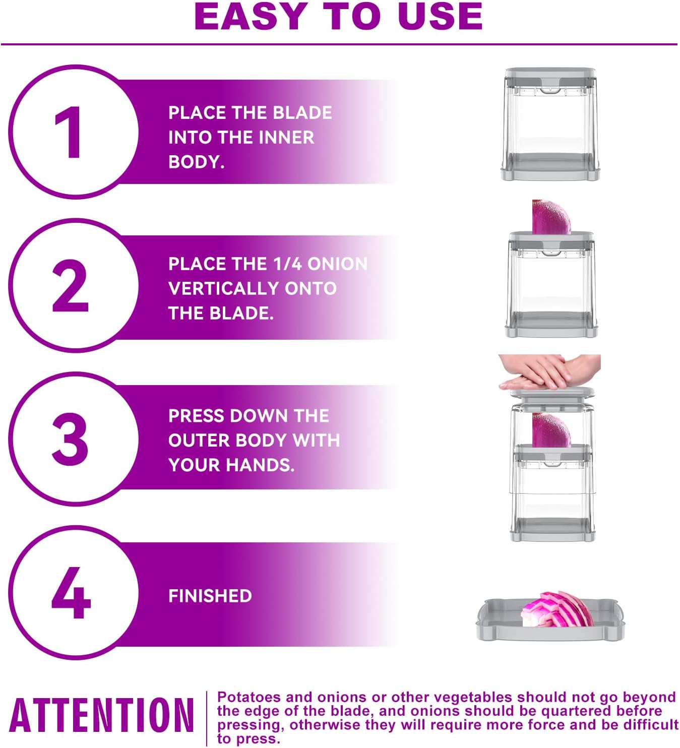 French Fry Cutter 4-in-1, Potato Cutter for Fries, Onion Dicer, Food Chopper & Apple Slicer – Manual Hand Vegetable Cutter with 4 Blades