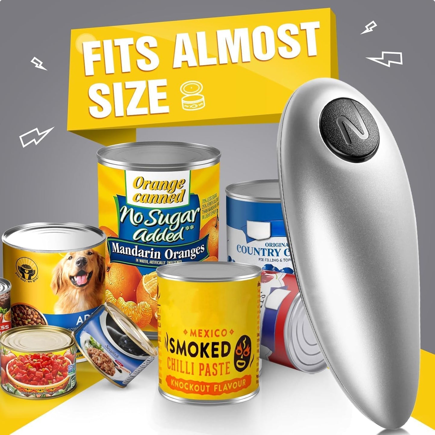 Handsfree One Touch Electric Can Opener Easy and Fast Flex Side Cut All Can Sizes, Automatic Handheld Battery Operated Kitchen Gadget Gift with Smooth Edge Safety for Seniors & Arthritis Silver