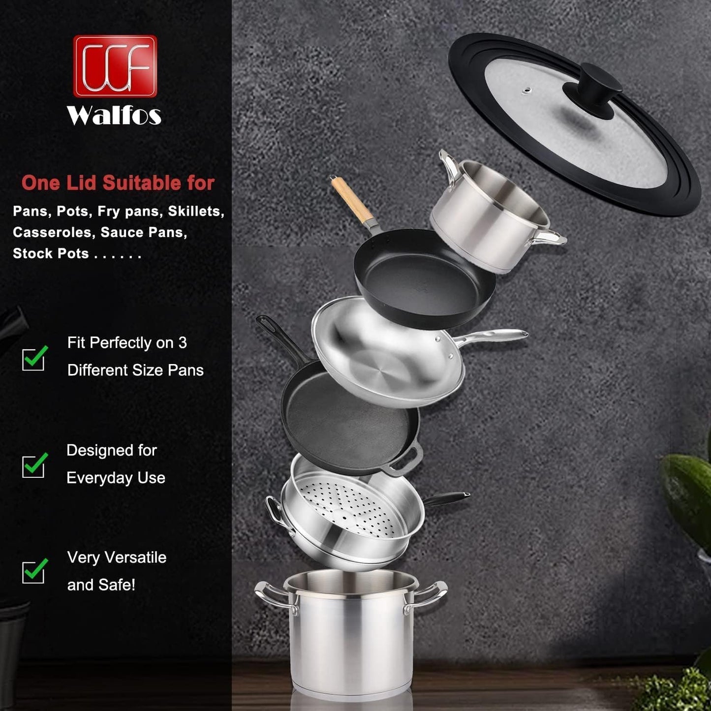 Walfos Universal Lid for 9", 10" and 10.5" Diameter Cookware, Fits Pots, Pans and Skillets - Walfos Tempered Glass Pan Lid with Heat Resistant Silicone Rim, BPA Free Pot Lids, Dishwasher-Safe, Black