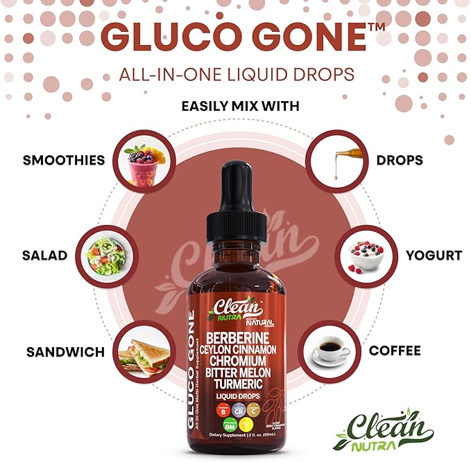 Clean Nutra Berberine with Ceylon Cinnamon Supplement Liquid Drops + Bitter Melon Extract, Glucomannan, Gymnema, Chromium, Turmeric, Organic Panax Ginseng, Moringa GLP-1 Support
