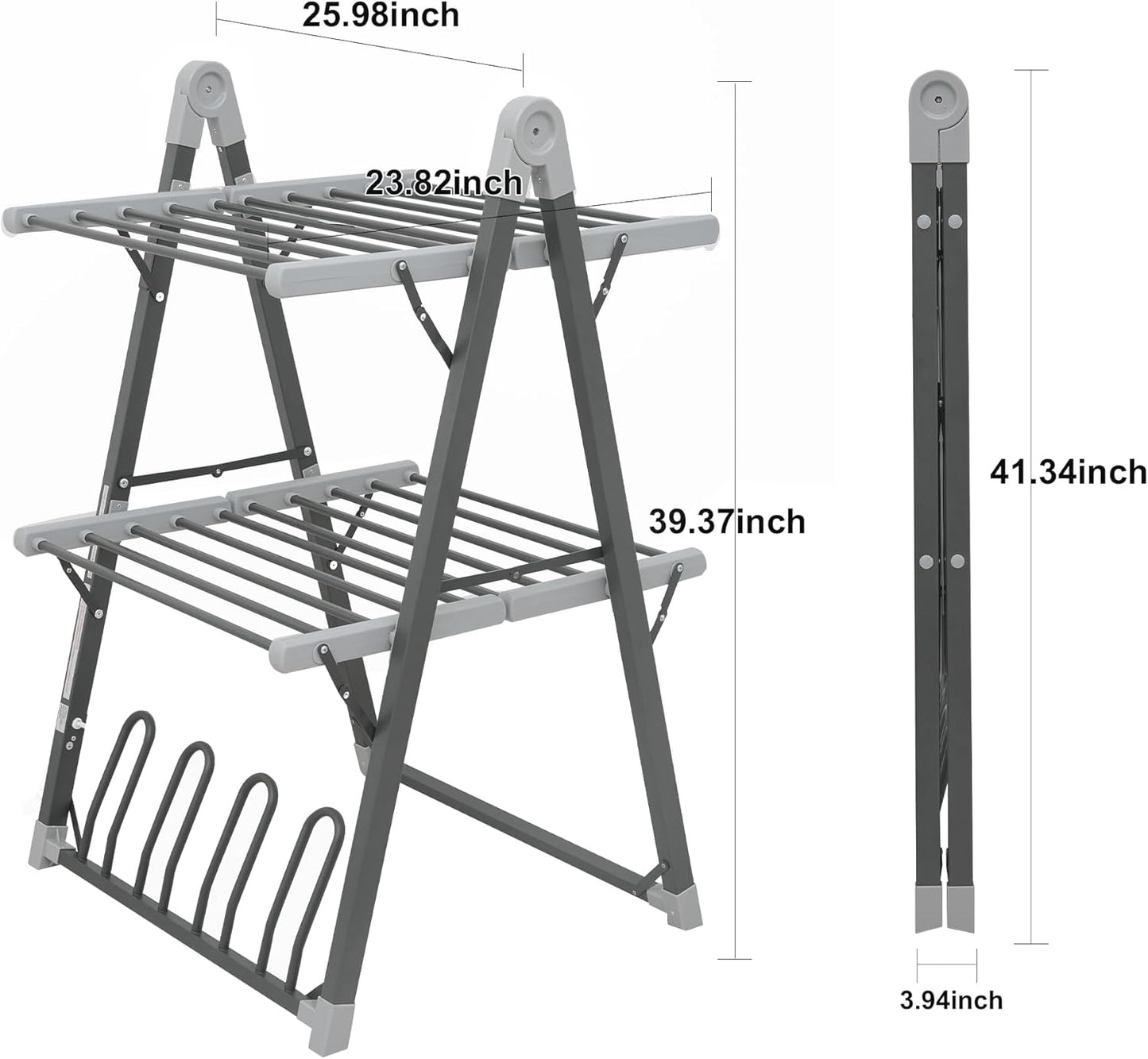 Electric Heated Clothes Drying Rack,Foldable Heated Garment Dryer with Timer Shut-Off Laundry Rack for Clothes Shoes Socks,Aluminum Alloy,Space Gray,Plug & Play,(39.37x25.98x23.82in)