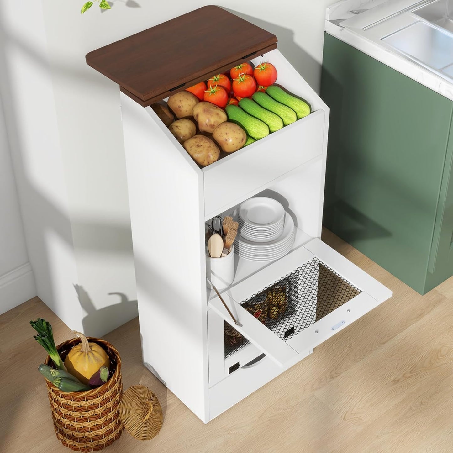 Patiorama Wood Potato and Onion Storage Bin Box with Lid, 4-Tier Farmhouse Wooden Bread Box Cabinet with 2 Mesh Doors & Rolling Drawer, Large Vegetable Storage Bin Organizer for Kitchen Pantry White