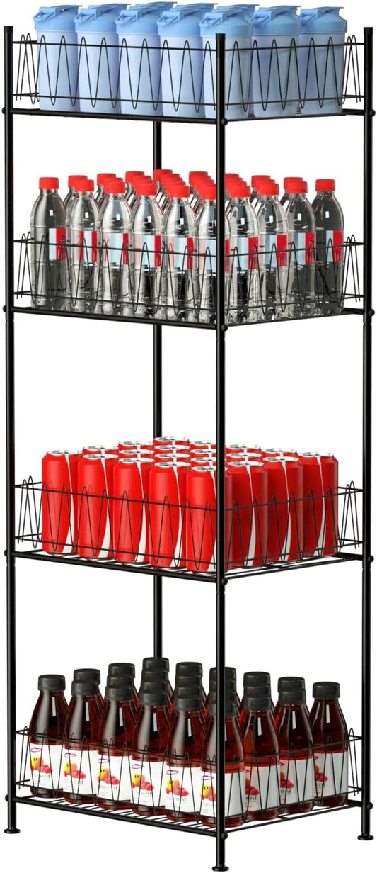 ETELI Water Bottle Organizer 4 Tier FreeStanding Water Bottle Holder Storage Rack Floor Metal Drink Soda Can Organizer for Pantry Kitchen Food Storage, Black