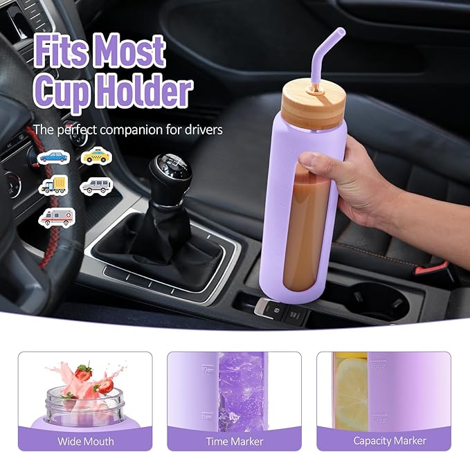 Kodrine Water Bottle with Straw, 24 oz Glass water Bottle with 2 Lids Bamboo Straw Lid and Spout Lid with Handle, 32 oz Clear Water Bottle Glass for Sports Travel, Waterbottle with Time Marker