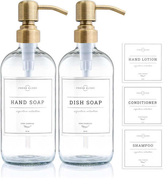 Vine Creations Clear Glass Soap Dispenser, 2 Pack Kitchen Soap Dispenser Set with Stainless Steel Pump, 16 oz Dish Soap and Hand Soap Dispensers for Bathroom with Waterproof Labels