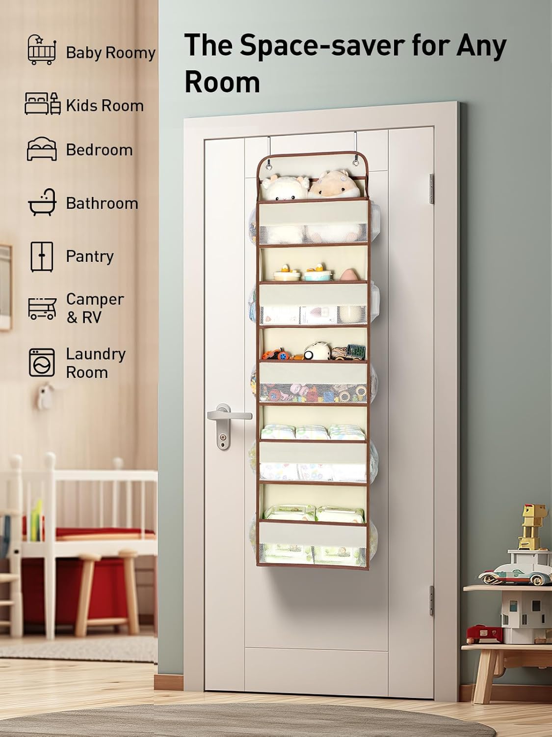 Yecaye 1 Pc 5 Tier Over the Door Organizer with 15 Pockets | 44lb Load Over the Door Storage | No Sagging Closet Organizers and Storage | Versatile Nursery Hanging Organizers for Home Dorm - Beige