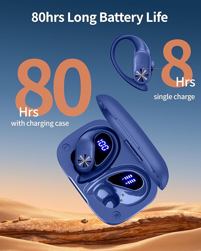 PocBuds Bluetooth Headphones Wireless Earbuds 80hrs Playtime Wireless Charging Case Digital Display Sports Ear Buds with Earhook Deep Bass IPX7 Waterproof Over-Ear Earphones for TV Phone Laptop Navy