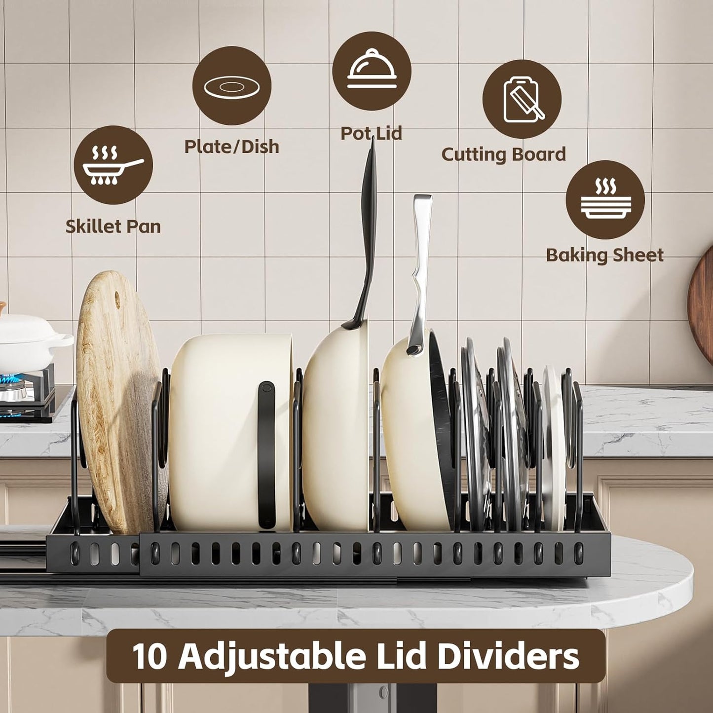 2 Pack Pots and Pans Organizer Under Cabinet, Expandable Pull Out Pot Lid Organizer with 10 Adjustable Dividers, Slide Out Pan Organizers Inside Cabinet for Kitchen Cabinets Drawers