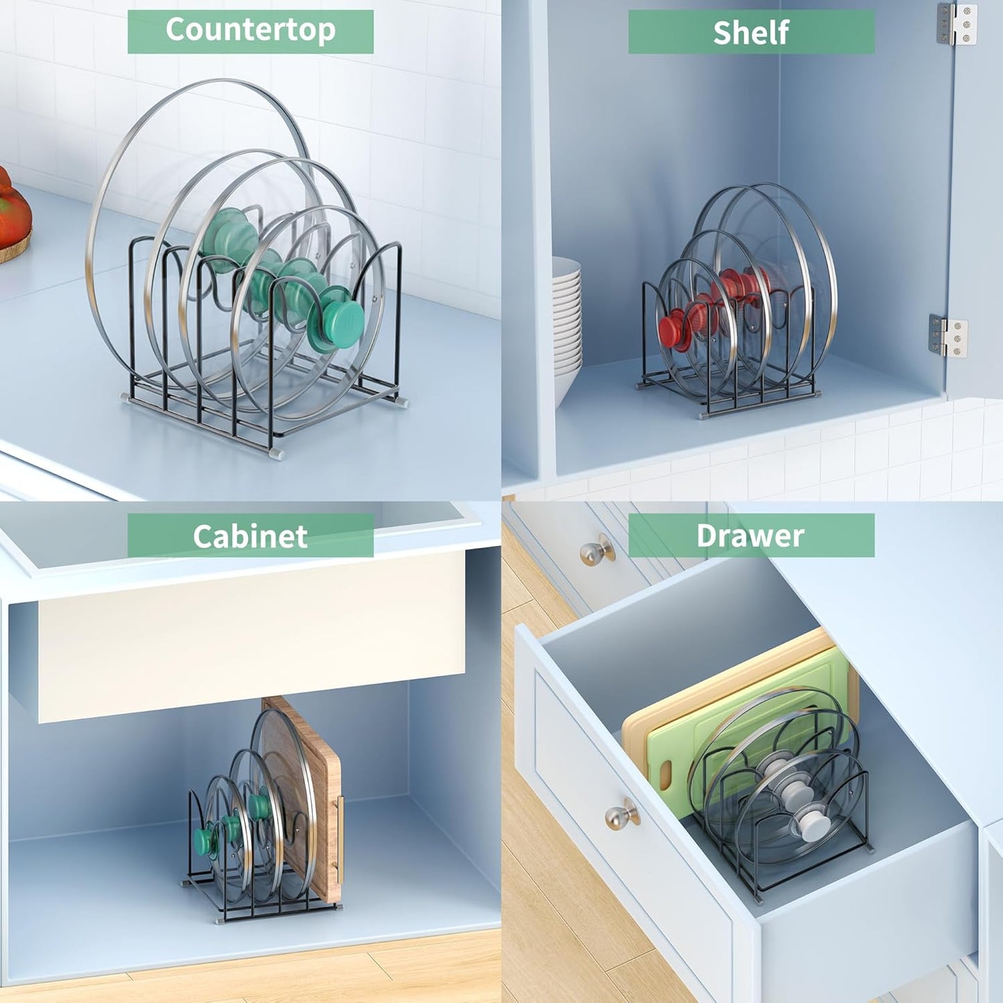 Pot Lid Organizer Rack,1.6in Wide Cutting Board Organizer for Pan Lids,Baking Sheets,Cookie Sheets, with 4 Slots,Cutting Board Holder Rack (2PC-Large)