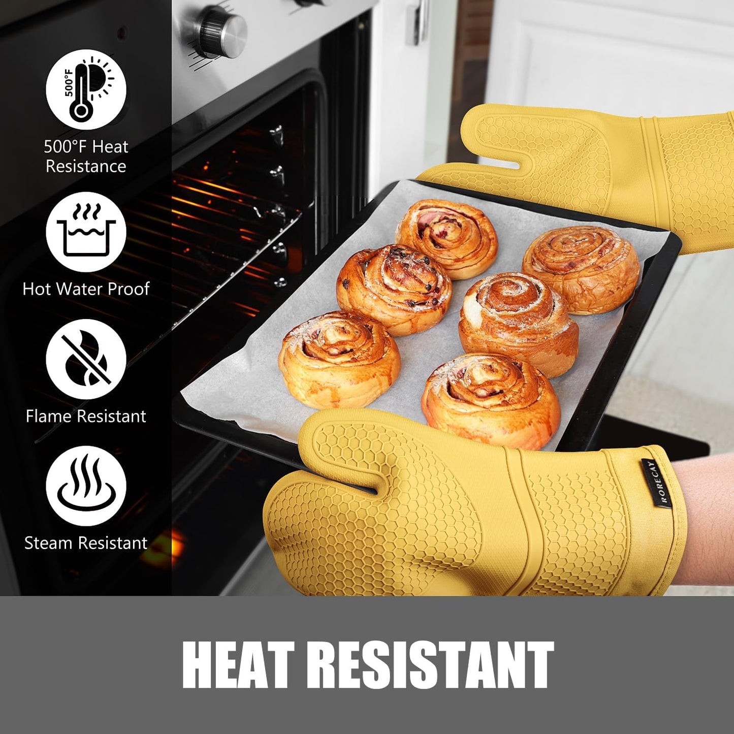 Rorecay Oven Mitts and Pot Holders Sets 6pcs, Extra Long Kitchen Silicone Oven Gloves Heat Resistant 500 Degrees Non-Slip Potholders Hot Pads for Baking Cooking, Quilted Liner, Samoan Sun