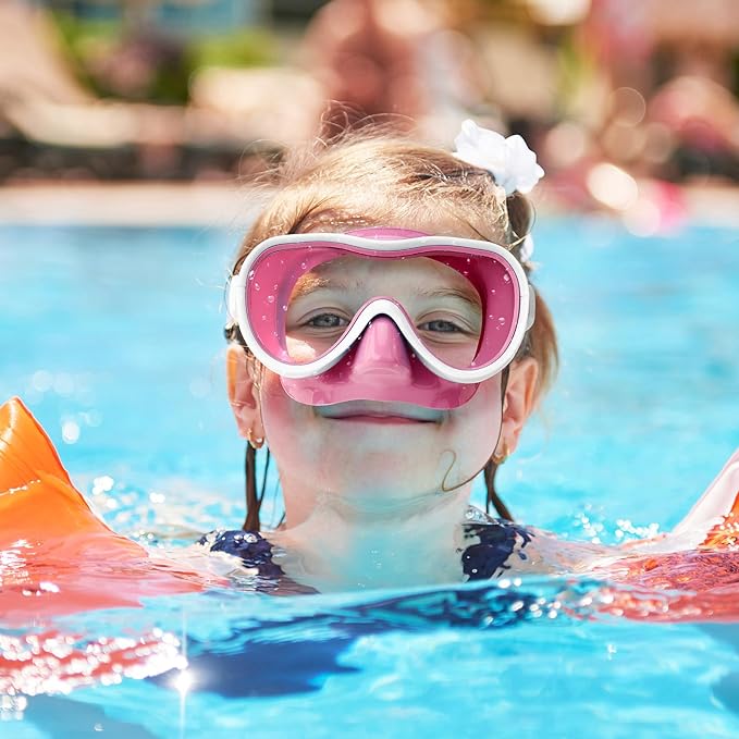 Kids Swim Goggles 180° Snorkel Diving Mask with Nose Cover, Anti-Fog Kids Swimming Goggles with Elastic Fabric Strap for Kids Boys Girls