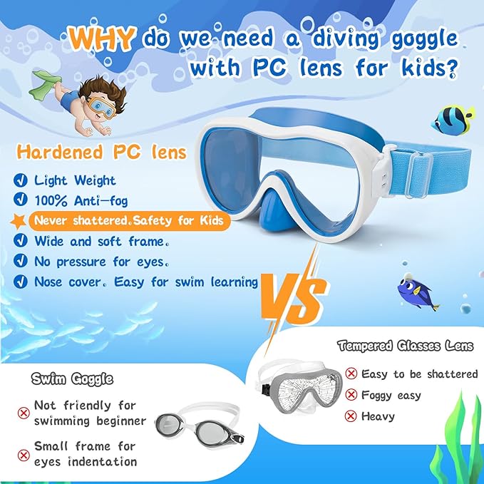 Kids Swim Goggles 180° Snorkel Diving Mask with Nose Cover, Anti-Fog Kids Swimming Goggles with Elastic Fabric Strap for Kids Boys Girls