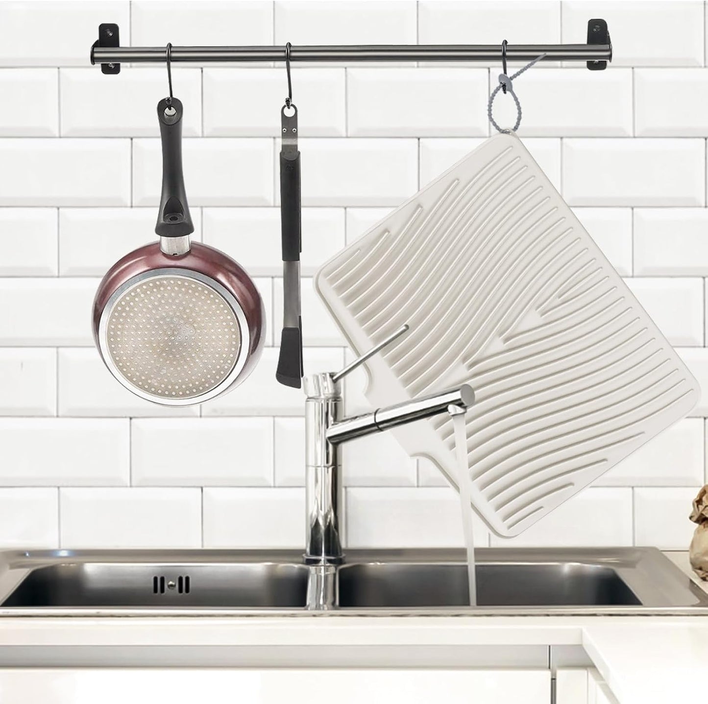 Dish Drying Mat, Stone Drying Mat for Kitchen Counter with Built-in Drain, Non-Slip Drying Matt Kitchen Counter, Heat Resistant Silicone Drying Mat, Dish Drying Pad, 2 Pcs (Cream 19.7" x 17")