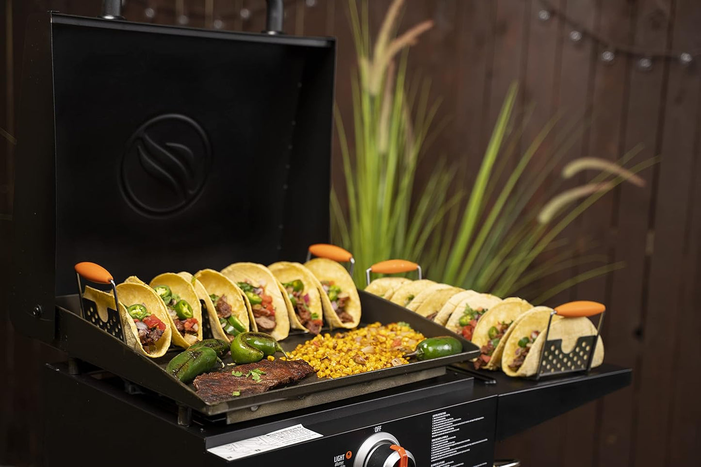 BLACKSTONE 5173 Deluxe Holder Stand Pack of 2 Stainless Steel Racks with Heat Resistant Handles-One Tray Holds 6 Tacos-Dishwasher Safe, Orange/Silver