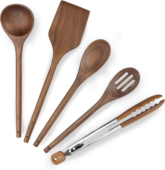 Elegant 5-Piece Walnut Wood Kitchen Utensil Set – Non-Scratch, Heat-Resistant Cooking Utensil Set with Kitchen Tongs, Spoons, Spatula & Ladle – Lightweight, Durable & Perfect for Daily Use or Gifting