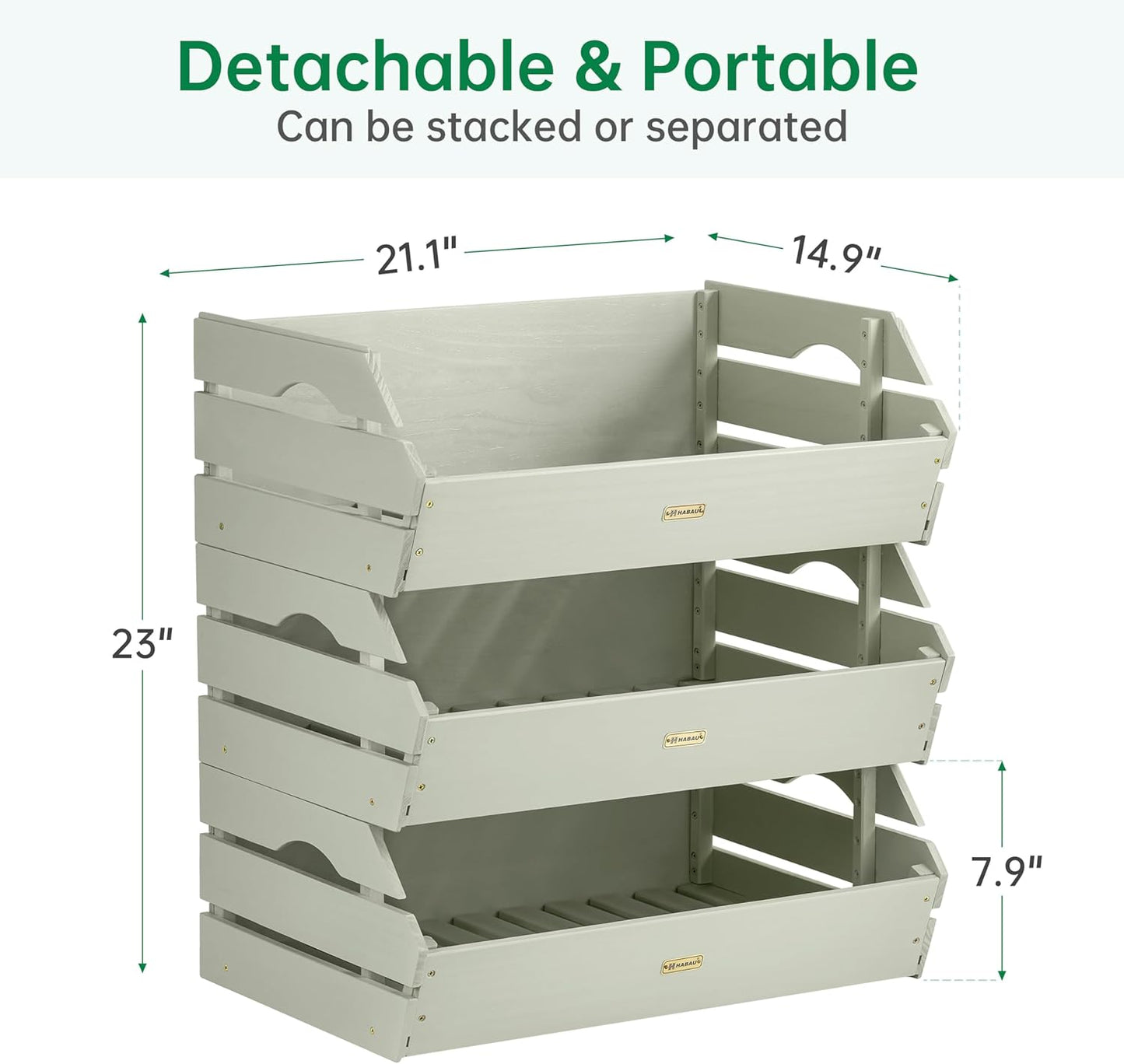 HABAU Wood Potato Onion Storage Bins - Wooden Stackable Produce Basket - Fruit Vegetable Storage for Kitchen Pantry Organization, Set 3 Pieces