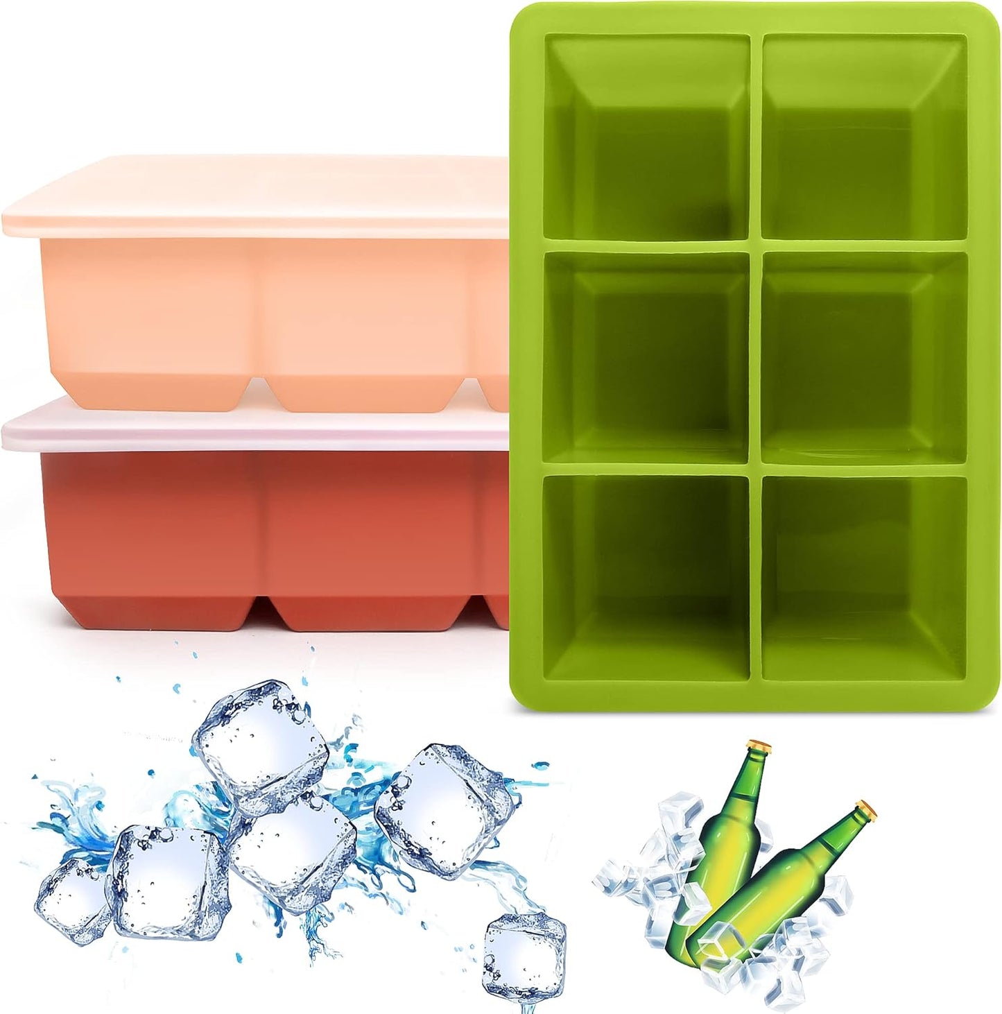 Silicone Ice Cube Trays 3 Pack - Large Size Silicone Ice Cube Molds with Leak Proof Removable Lid Square Ice Cube Tray And BPA Free for Cocktail,Whiskey, Stackable Flexible Ice