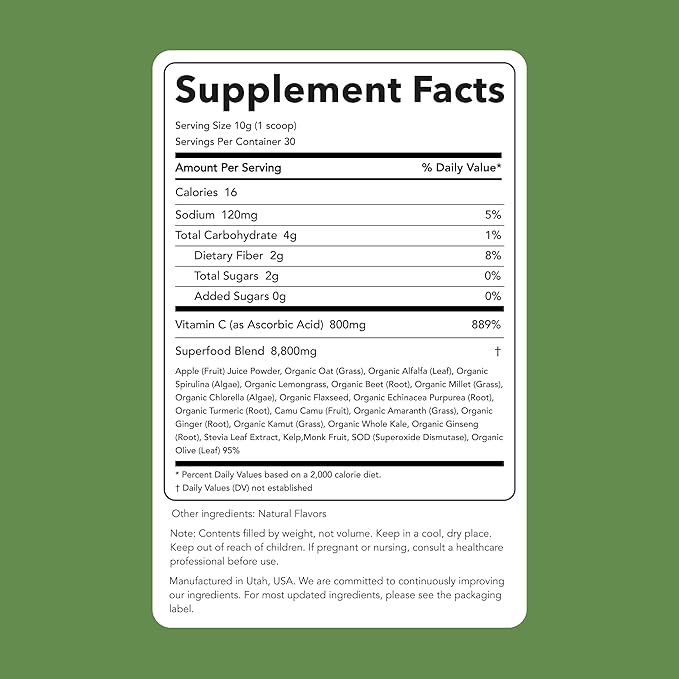 Clean Simple Eats Super Greens Powder, Naturally Flavored Greens Powder with Chlorella, Spirulina, Superfoods & Prebiotic Fiber, No Artificial Ingredients, Gluten Free, Classic Greens Flavor, 30 Srvgs