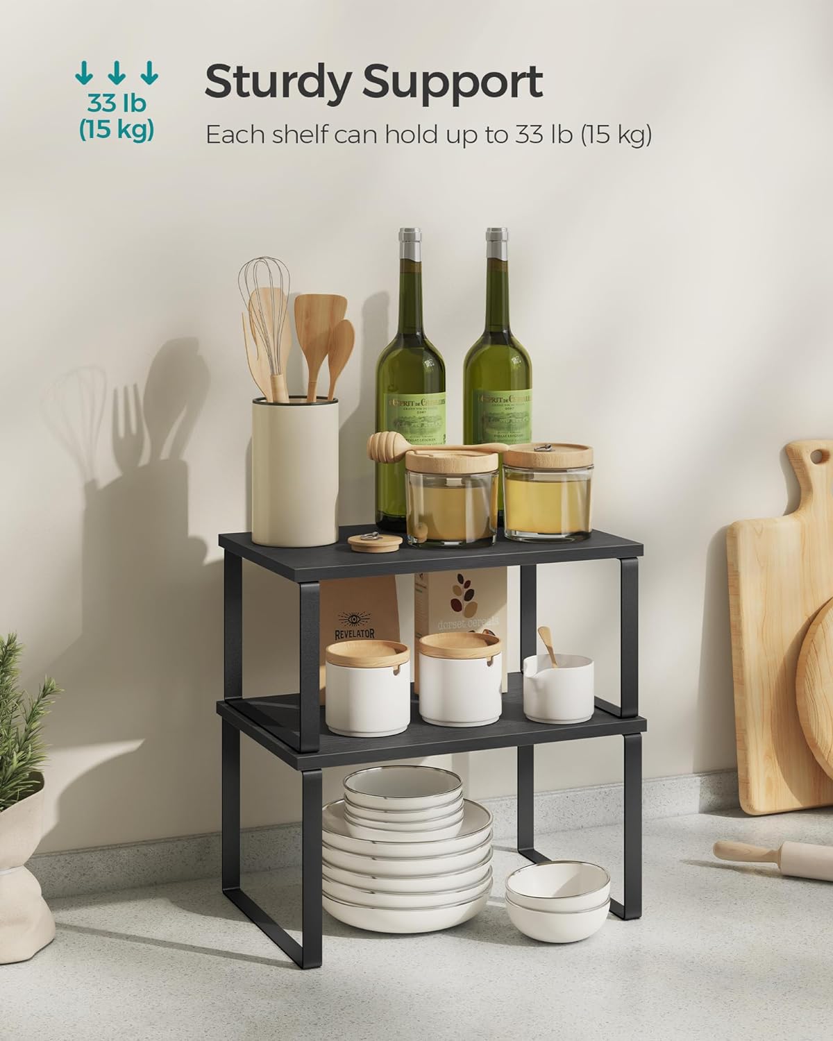 SONGMICS Cabinet Organizer Shelf, Set of 2 Kitchen Counter Shelves, Kitchen Storage, Spice Rack, Stackable, Expandable, Metal and Engineered Wood, Ink Black and Charcoal Black UKCS02B01