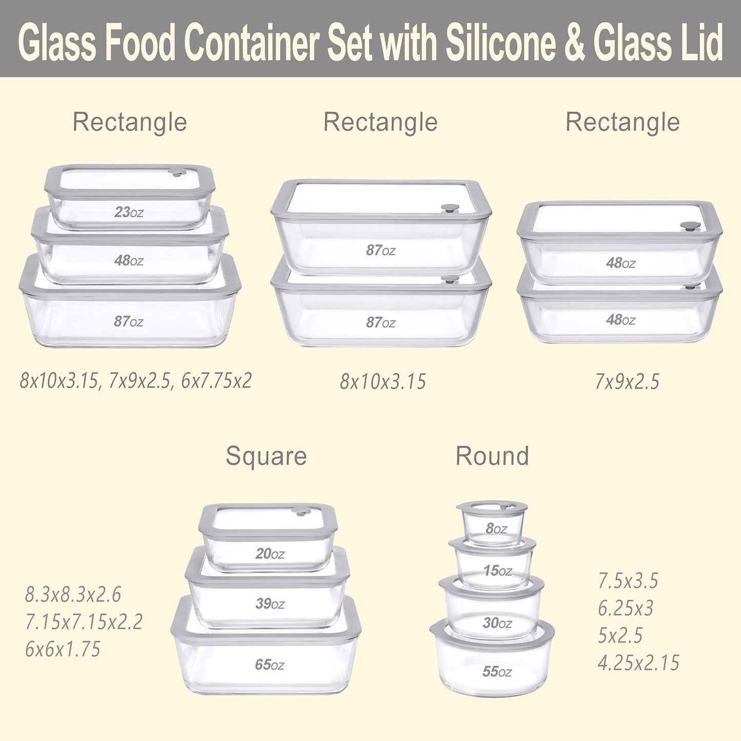 Glass Food Containers with Glass Lid, Microwave Safe Food Storage Container Set, 2 Pack of 87oz, Large Size Airtight Storage Set with Leak Proof Lids, Meal Prep Containers